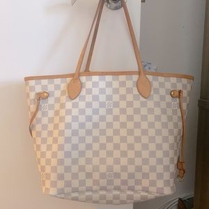 Luis Vuitton Neverfull MM Bag - Damier Azur + Rose Ballerine